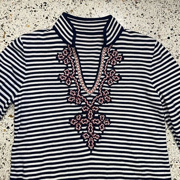 Tory Burch navy white stripe tunic long sleeve red embroidery medium m - Picture 1 of 7